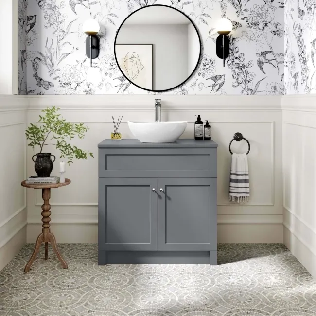 Milos Fog Grey Vanity with Oval Basin 800mm - Chrome Handles