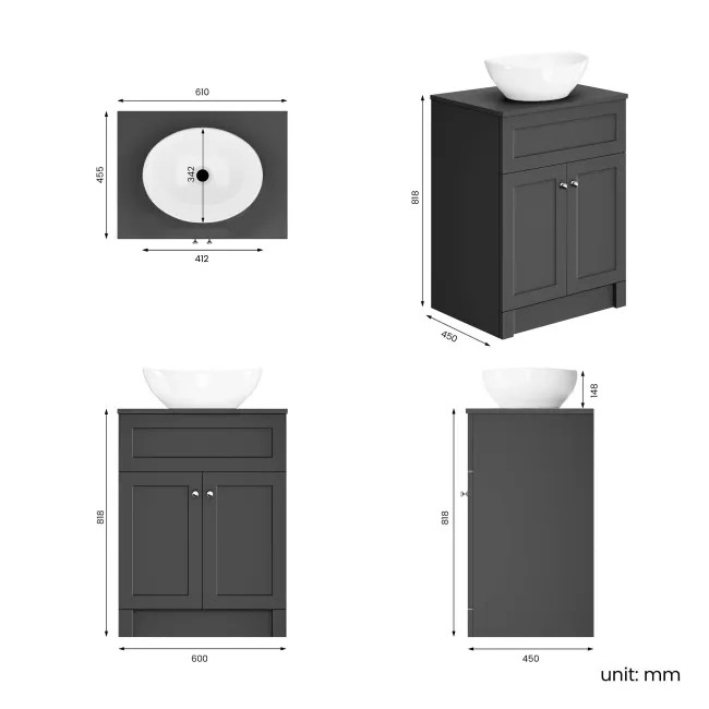 Milos Slate Grey Vanity with Oval Basin 600mm - Chrome Handles