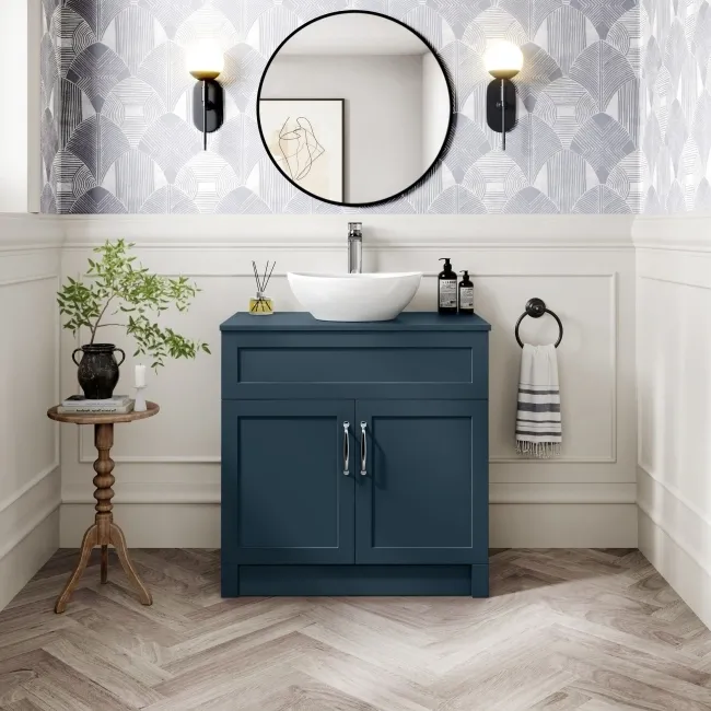 Milos Navy Blue Vanity with Oval Basin 800mm - Traditional Handles