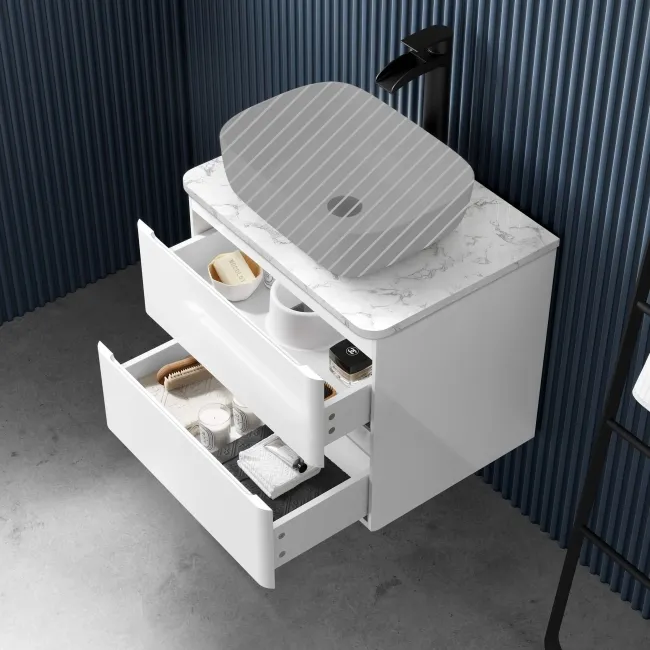 Corsica Gloss White Wall Hung Drawer Vanity with Marble Top 600mm - Excludes Counter Top Basin