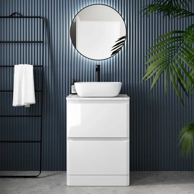 Corsica Gloss White Vanity Drawer with Marble Top & Curved Counter Top Basin 600mm