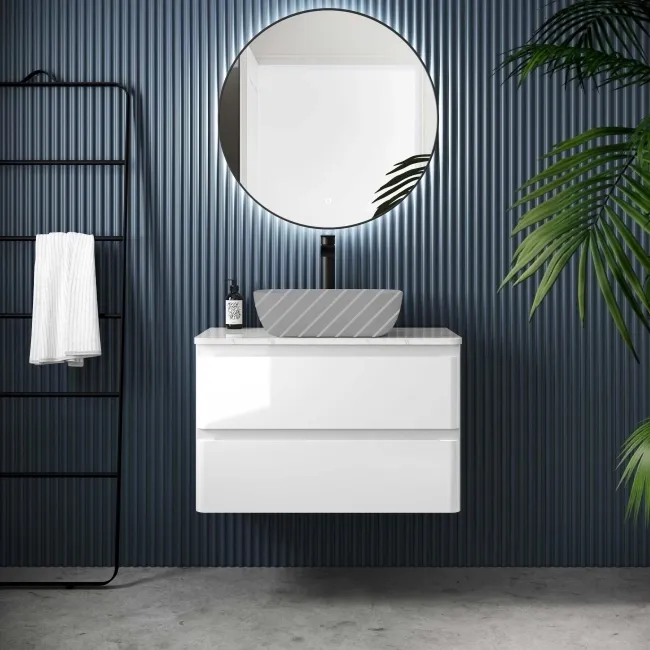 Corsica Gloss White Wall Hung Drawer Vanity with Marble Top 800mm - Excludes Counter Top Basin