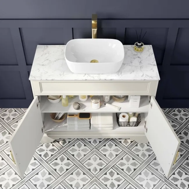 Lucia Chalk White Vanity with Marble Top & Curved Counter Top Basin 1030mm - Brass Knurled Handles