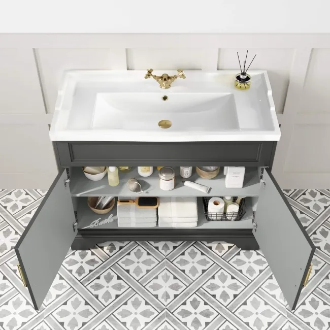 Lucia Graphite Grey Basin Vanity 1030mm - Brass Knurled Handles