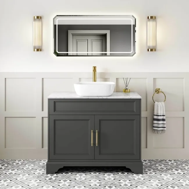 Lucia Graphite Grey Vanity with Marble Top & Curved Counter Top Basin 1030mm - Brass Knurled Handles