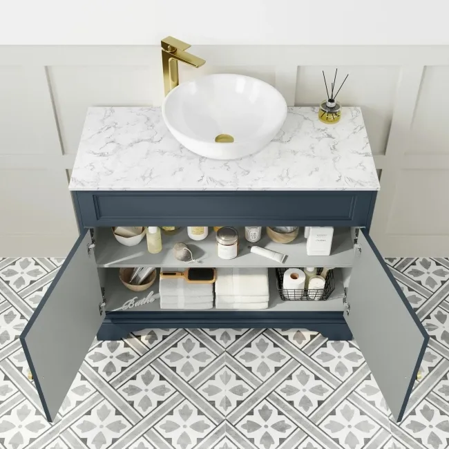 Lucia Inky Blue Vanity with Marble Top & Round Counter Top Basin 1030mm - Brushed Brass Accents
