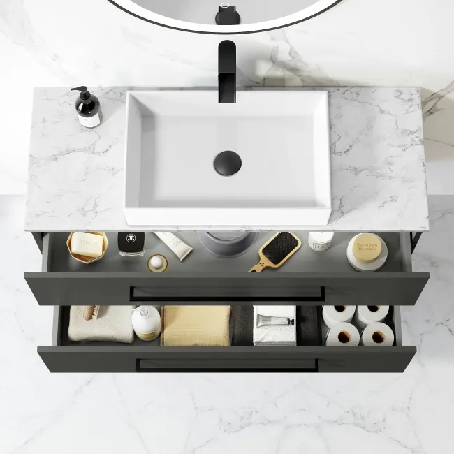 Elba Graphite Grey Wall Hung Drawer Vanity with Marble Top & Cody Basin 1000mm - Black Accents