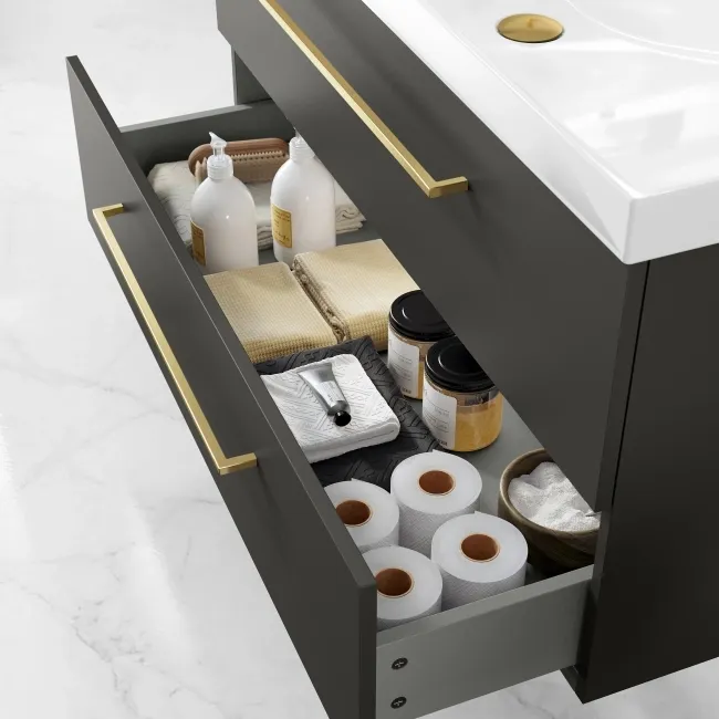 Elba Graphite Grey Wall Hung Basin Drawer Vanity 1000mm - Brushed Brass Accents