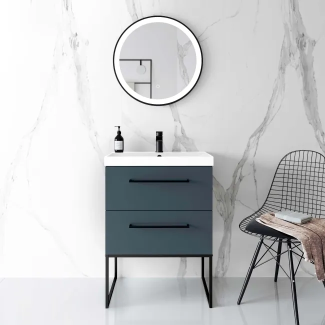 Elba Inky Blue Wall Hung Basin Drawer Vanity 600mm with Matt Black Stand