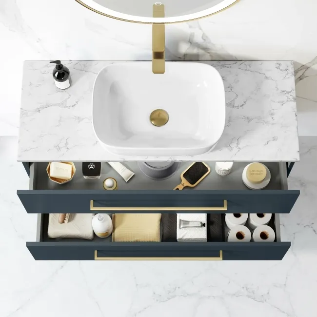 Elba Inky Blue Wall Hung Drawer Vanity with Marble Top & Curved Counter Top Basin 1000mm - Brushed Brass Accents