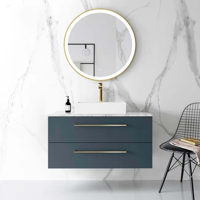 Elba Inky Blue Wall Hung Drawer Vanity with Marble Top & Cody Basin 1000mm - Brushed Brass Accents