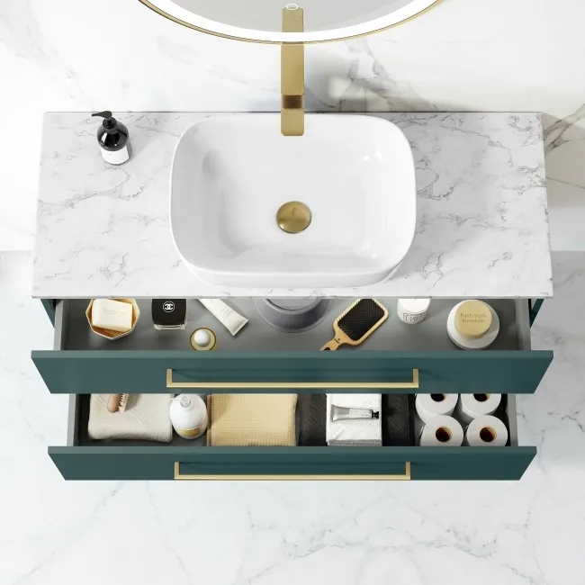 Elba Midnight Green Wall Hung Drawer Vanity with Marble Top & Curved Counter Top Basin 1000mm - Brushed Brass Accents