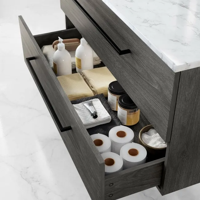 Elba Charcoal Elm Wall Hung Drawer Vanity with Marble Top & Curved Counter Top Basin 1000mm - Black Accents