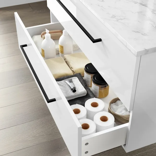 Elba Gloss White Wall Hung Drawer Vanity with Marble Top & Curved Counter Top Basin 1000mm - Black Accents
