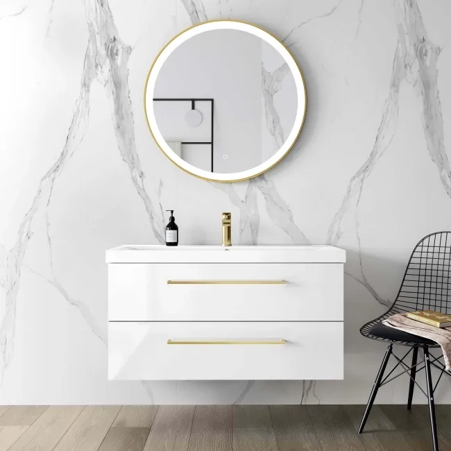 Elba Gloss White Wall Hung Basin Drawer Vanity 1000mm - Brushed Brass Accents