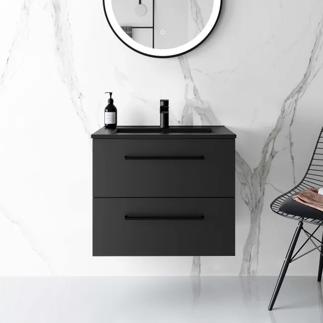 Elba Matt Black Wall Hung Basin Drawer Vanity 600mm
