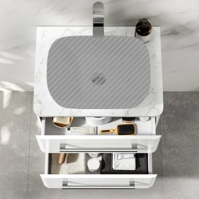 Omaha Gloss White Wall Hung Drawer Vanity with Marble Top 600mm - Excludes Counter Top Basin