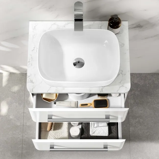 Omaha Gloss White Wall Hung Drawer Vanity with Marble Top & Curved Counter Top Basin 600mm