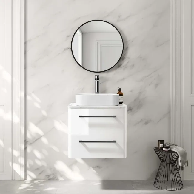 Omaha Gloss White Wall Hung Drawer Vanity with Marble Top & Marin Basin 600mm