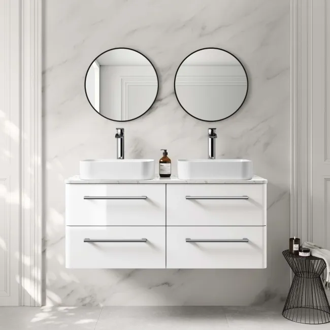 Omaha Gloss White Wall Hung Drawer Vanity with Marble Top & Marin Basin 1200mm