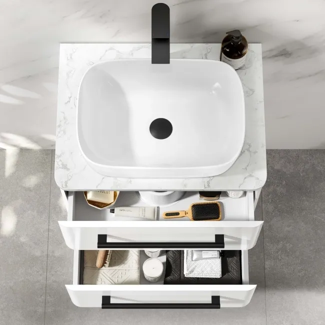 Omaha Gloss White Wall Hung Drawer Vanity with Marble Top & Curved Counter Top Basin 600mm - Black Accents