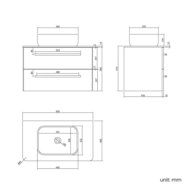 Omaha Gloss White Wall Hung Drawer Vanity with Marble Top & Curved Counter Top Basin 800mm - Black Accents