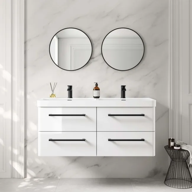 Omaha Gloss White Wall Hung Double Basin Drawer Vanity 1200mm - Black Accents