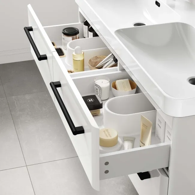 Omaha Gloss White Wall Hung Double Basin Drawer Vanity 1200mm - Black Accents