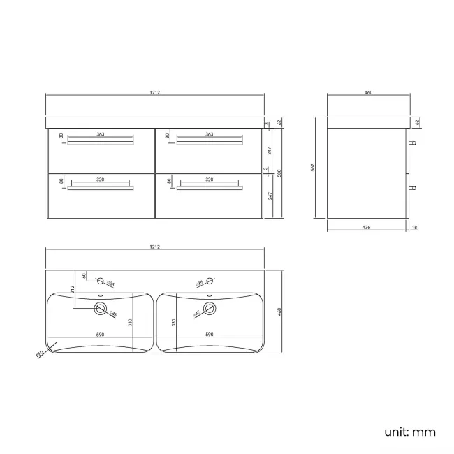 Omaha Gloss White Wall Hung Double Basin Drawer Vanity 1200mm - Black Accents