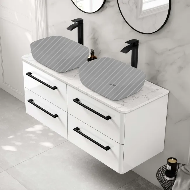 Omaha Gloss White Wall Hung Drawer Vanity with Marble Top 1200mm (Excludes Counter Top Basin) - Black Accents