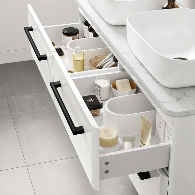 Omaha Gloss White Wall Hung Drawer Vanity with Marble Top & Curved Counter Top Basin 1200mm - Black Accents