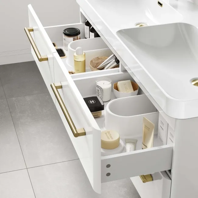 Omaha Gloss White Wall Hung Double Basin Drawer Vanity 1200mm - Brushed Brass Accents