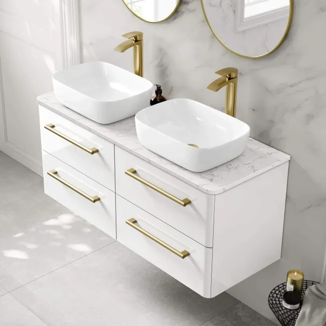 Omaha Gloss White Wall Hung Drawer Vanity with Marble Top & Curved Counter Top Basin 1200mm - Brushed Brass Accents