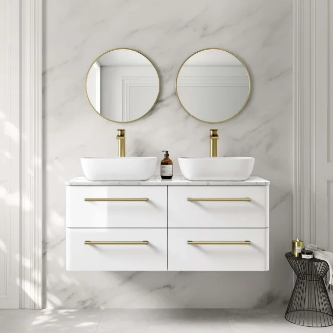 Omaha Gloss White Wall Hung Drawer Vanity with Marble Top & Curved Counter Top Basin 1200mm - Brushed Brass Accents