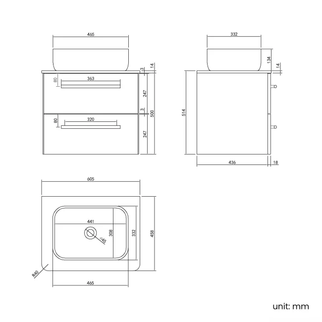 Omaha Slate Grey Wall Hung Drawer Vanity with Marble Top & Curved Counter Top Basin 600mm