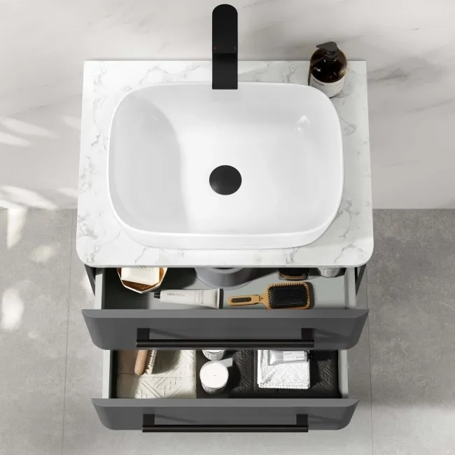 Omaha Slate Grey Wall Hung Drawer Vanity with Marble Top & Curved Counter Top Basin 600mm - Black Accents