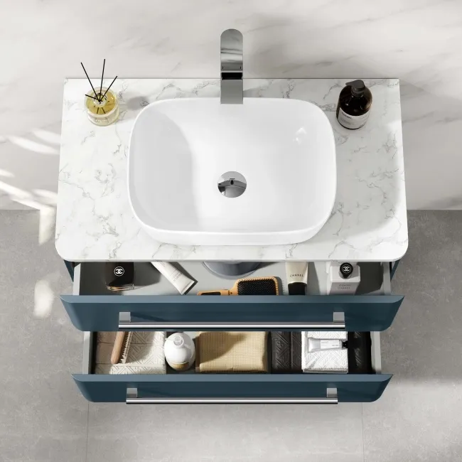 Omaha Navy Blue Wall Hung Drawer Vanity with Marble Top & Curved Counter Top Basin 800mm