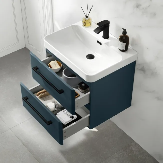 Omaha Navy Blue Wall Hung Basin Drawer Vanity 600mm - Black Accents