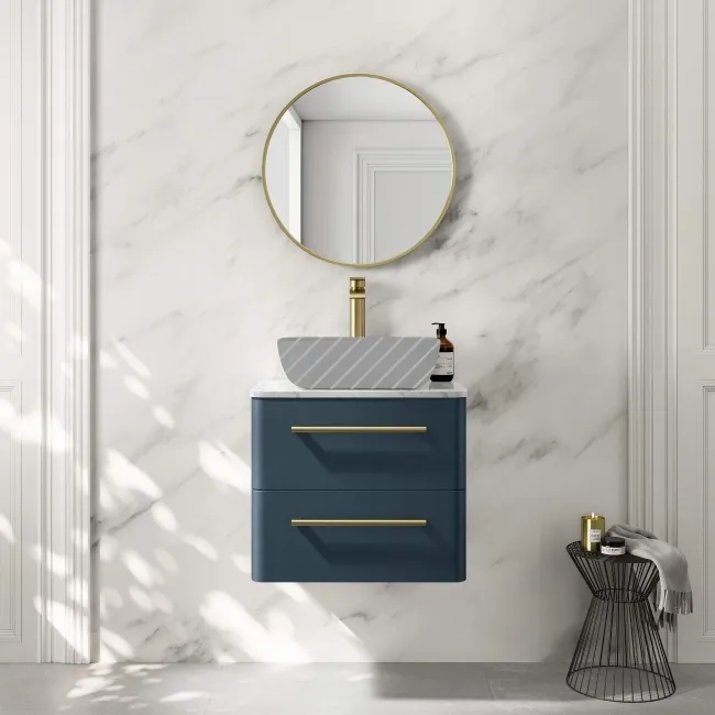 Omaha Navy Blue Wall Hung Drawer Vanity with Marble Top 600mm (Excludes Counter Top Basin) - Brushed Brass Accents