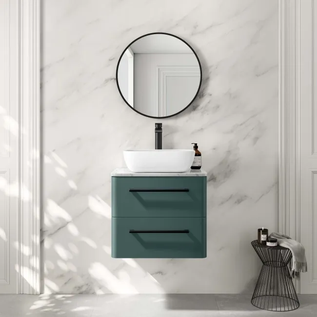Omaha Mystic Green Wall Hung Drawer Vanity with Marble Top & Curved Counter Top Basin 600mm - Black Accents