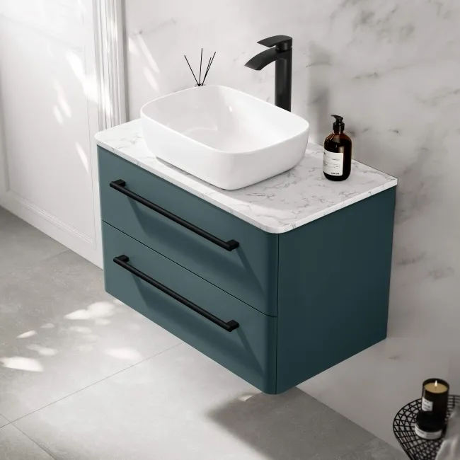 Omaha Mystic Green Wall Hung Drawer Vanity with Marble Top & Curved Counter Top Basin 800mm - Black Accents