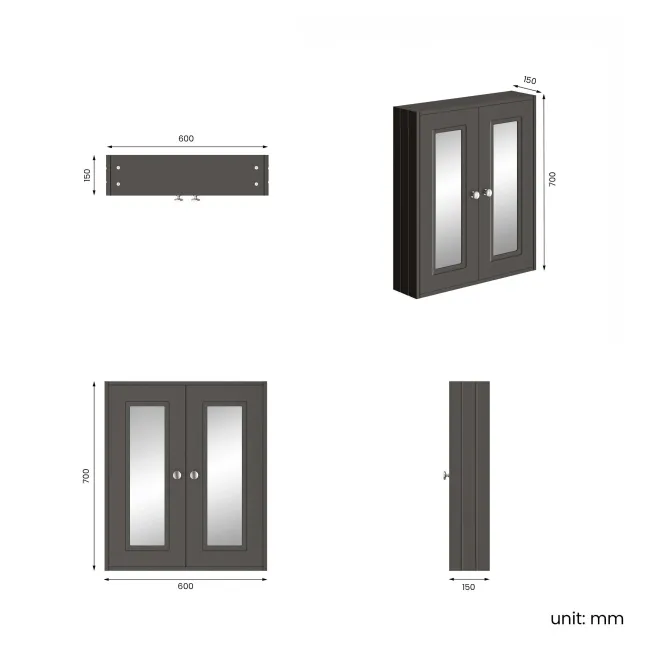 Graphite Grey Wall Hung Mirror Cabinet 700x600mm