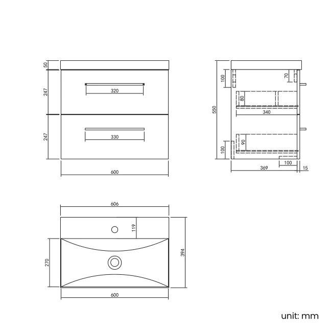 Elba Dawn Oak Wall Hung Basin Drawer Vanity 600mm - Black Accents