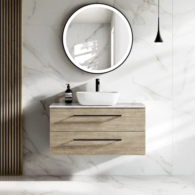 Elba Dawn Oak Wall Hung Drawer Vanity with Marble Top & Curved Counter Top Basin 1000mm - Black Accents