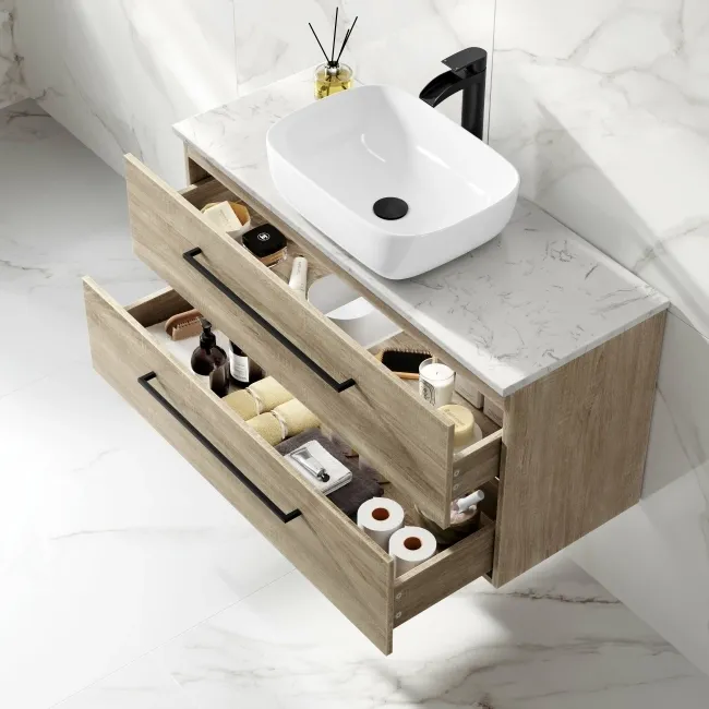 Elba Dawn Oak Wall Hung Drawer Vanity with Marble Top & Curved Counter Top Basin 1000mm - Black Accents