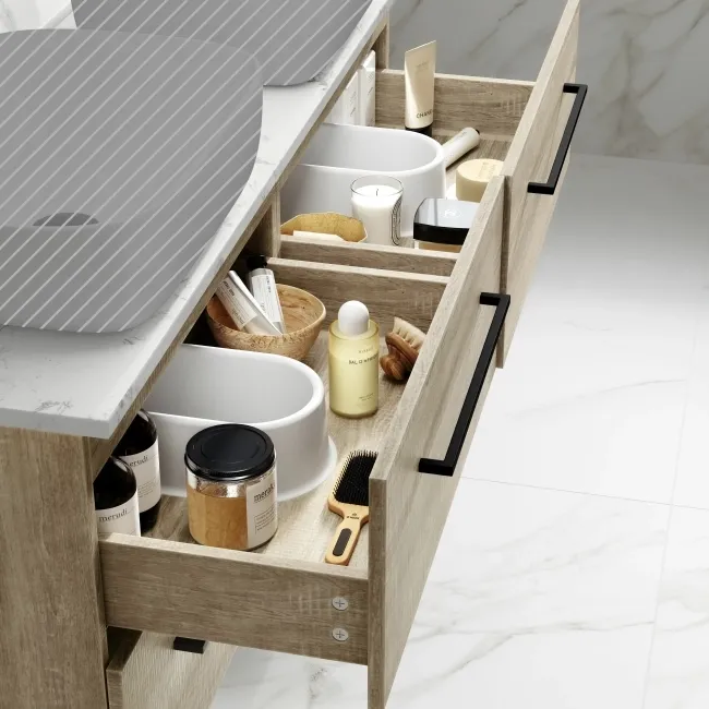 Elba Dawn Oak Wall Hung Drawer with Marble Top 1200mm Excludes Basins - Black Accents