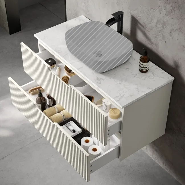 Crete Fluted Linen White Wall Hung Drawer Vanity with Marble Top 1000mm - Excludes Counter Top Basin