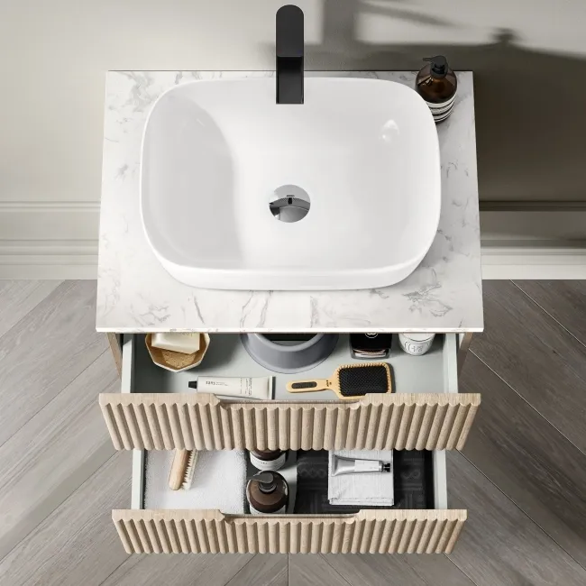 Crete Fluted Apex Oak Wall Hung Drawer Vanity with Marble Top & Curved Basin 600mm