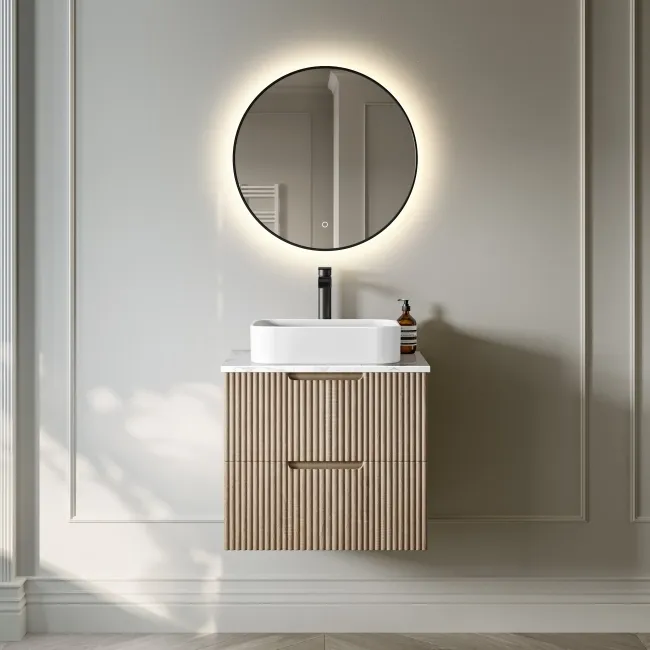 Crete Fluted Apex Oak Wall Hung Drawer Vanity with Marble Top & Marin Basin 600mm