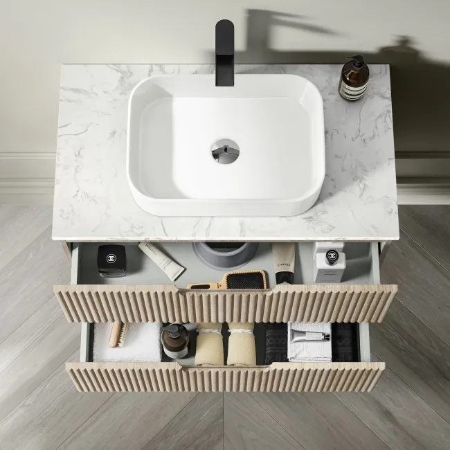 Crete Fluted Apex Oak Wall Hung Drawer Vanity with Marble Top & Marin Basin 800mm